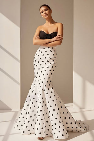 Adrie | White - Strapless Polka Dots Satin Mermaid Long Formal Prom Dresses With Flower - KissProm