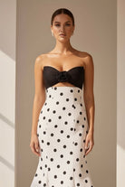 Adrie | White - Strapless Polka Dots Satin Mermaid Long Formal Prom Dresses With Flower - KissProm