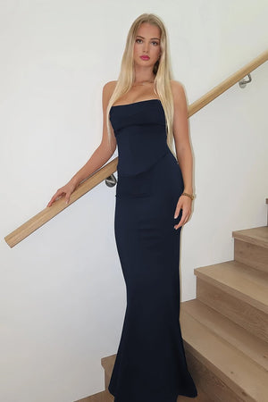 Aegir | Navy Blue - Strapless Sleeveless Mermaid Satin Long Prom Dresses -KissProm