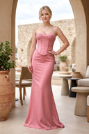 Pink Strapless Sleeveless Mermaid Satin Long Prom Dresses - KissProm 