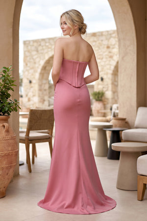 Pink Strapless Sleeveless Mermaid Satin Long Prom Dresses - KissProm 