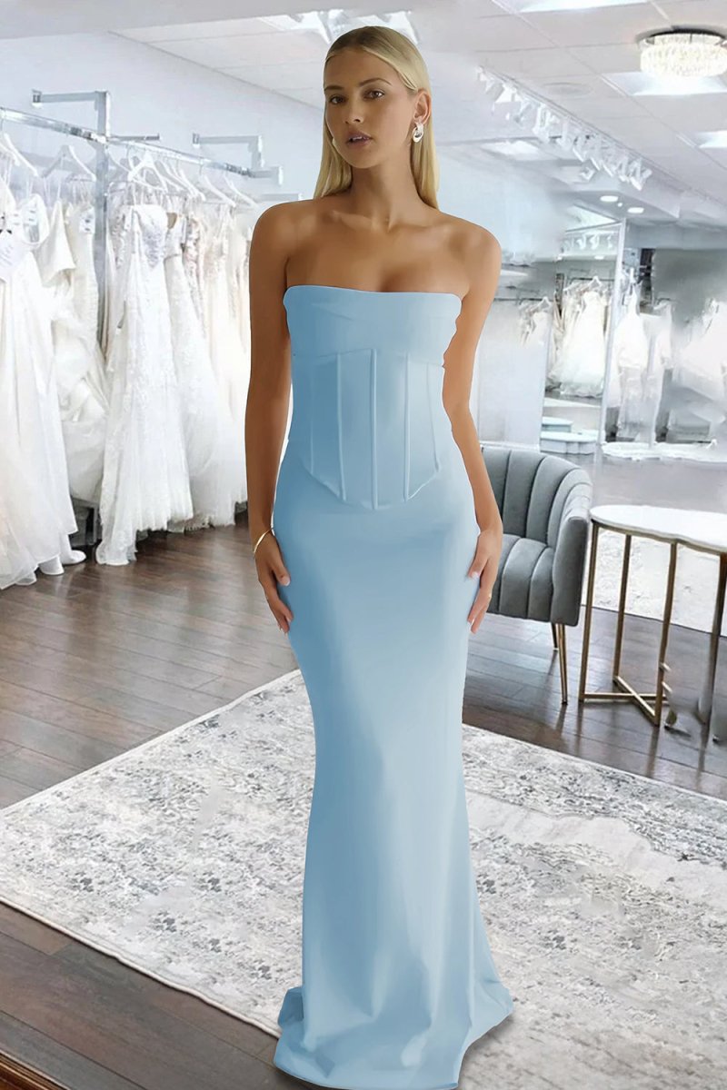 Aegir | Sky Blue - Strapless Sleeveless Mermaid Satin Long Prom Dresses - KissProm