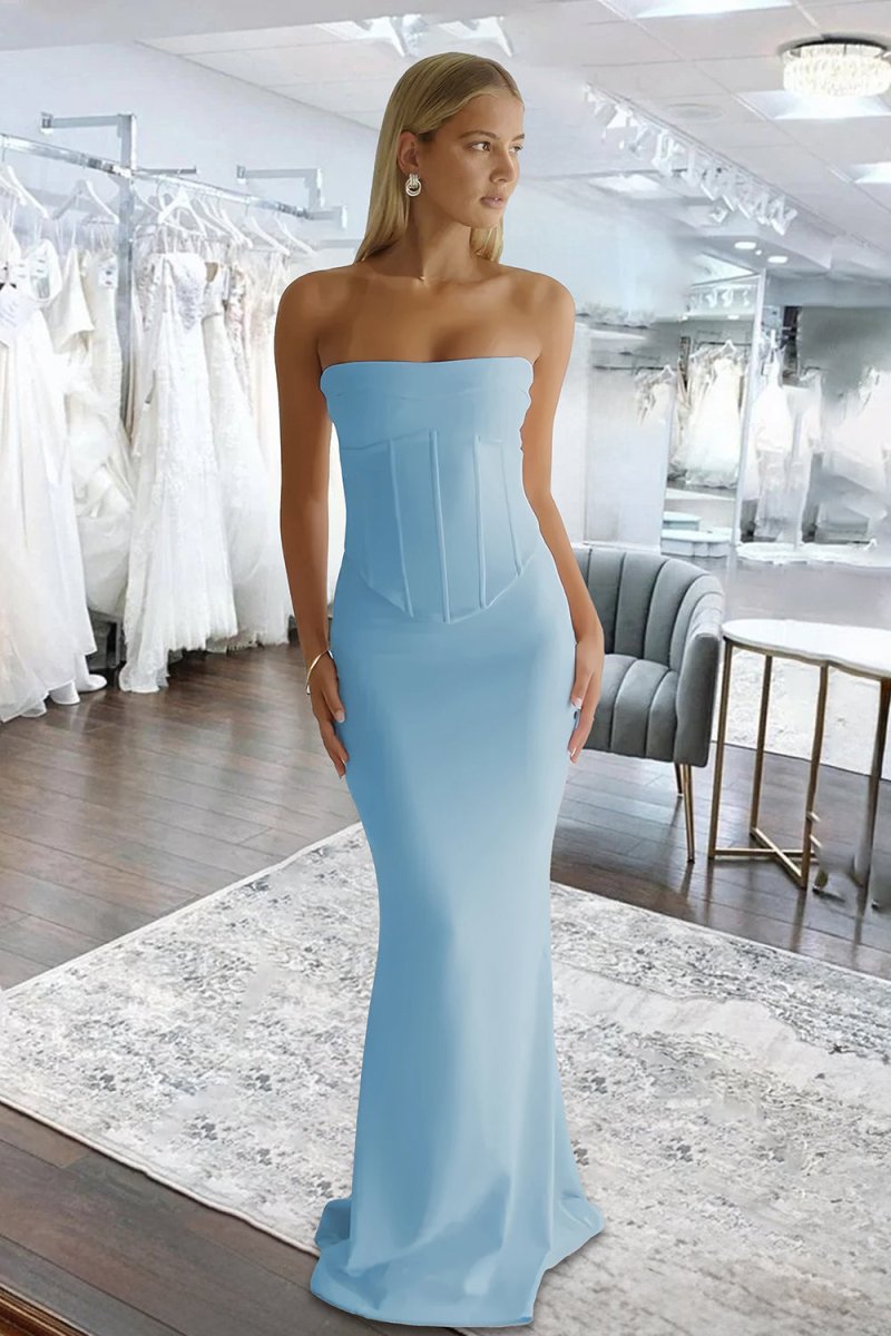 Aegir | Sky Blue - Strapless Sleeveless Mermaid Satin Long Prom Dresses - KissProm