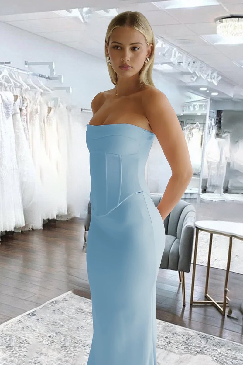 Aegir | Sky Blue - Strapless Sleeveless Mermaid Satin Long Prom Dresses - KissProm