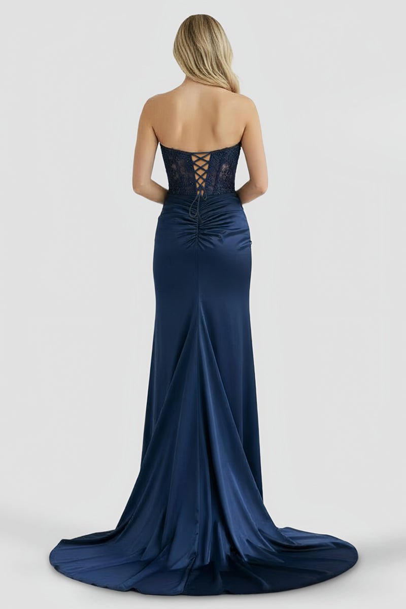 Aeth | Royal Blue Strapless Lace Mermaid Long Prom Dresses With Slit - KissProm