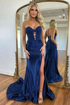 Aeth | Royal Blue Strapless Lace Mermaid Long Prom Dresses With Slit - KissProm