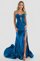 Aeth | Royal Blue Strapless Lace Mermaid Long Prom Dresses With Slit - KissProm