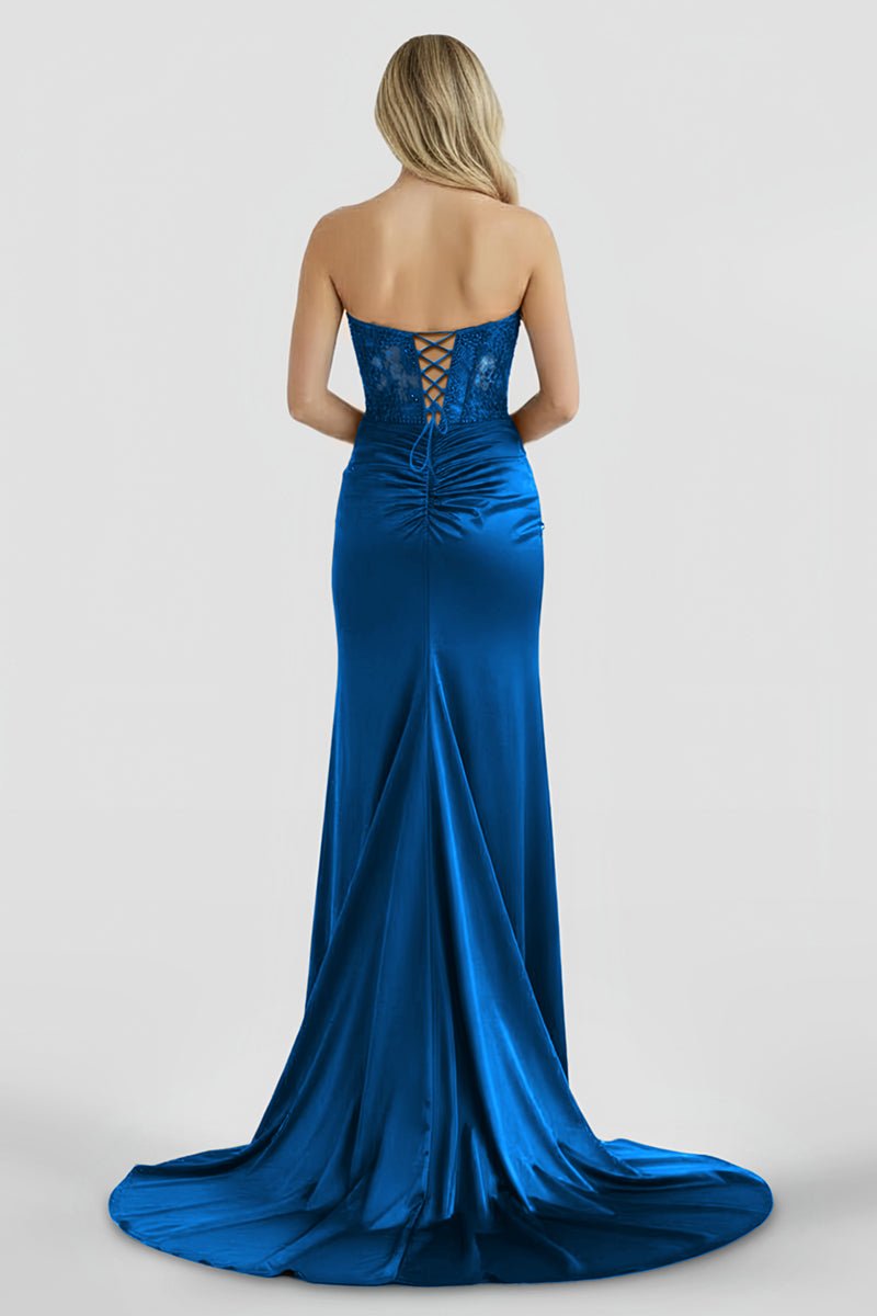 Aeth | Royal Blue Strapless Lace Mermaid Long Prom Dresses With Slit - KissProm