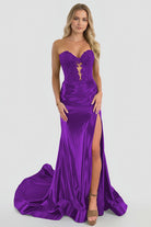 Aeth | Royal Blue Strapless Lace Mermaid Long Prom Dresses With Slit - KissProm