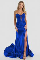 Aeth | Royal Blue Strapless Lace Mermaid Long Prom Dresses With Slit - KissProm