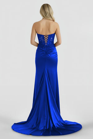 Aeth | Royal Blue Strapless Lace Mermaid Long Prom Dresses With Slit - KissProm