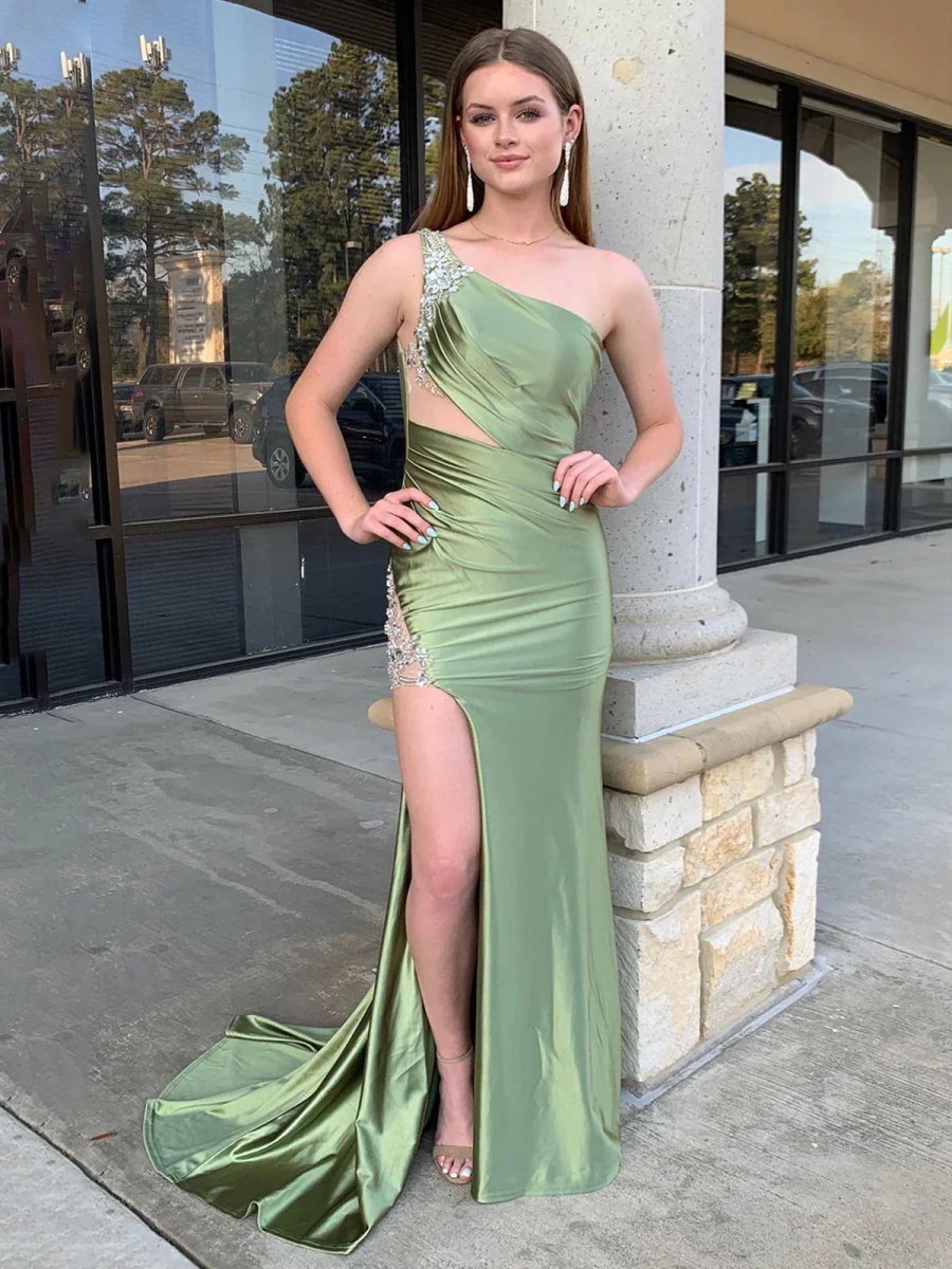 Aethera | Sage Beaded Mermaid One Shoulder Satin Prom Dress with Slit - KissProm