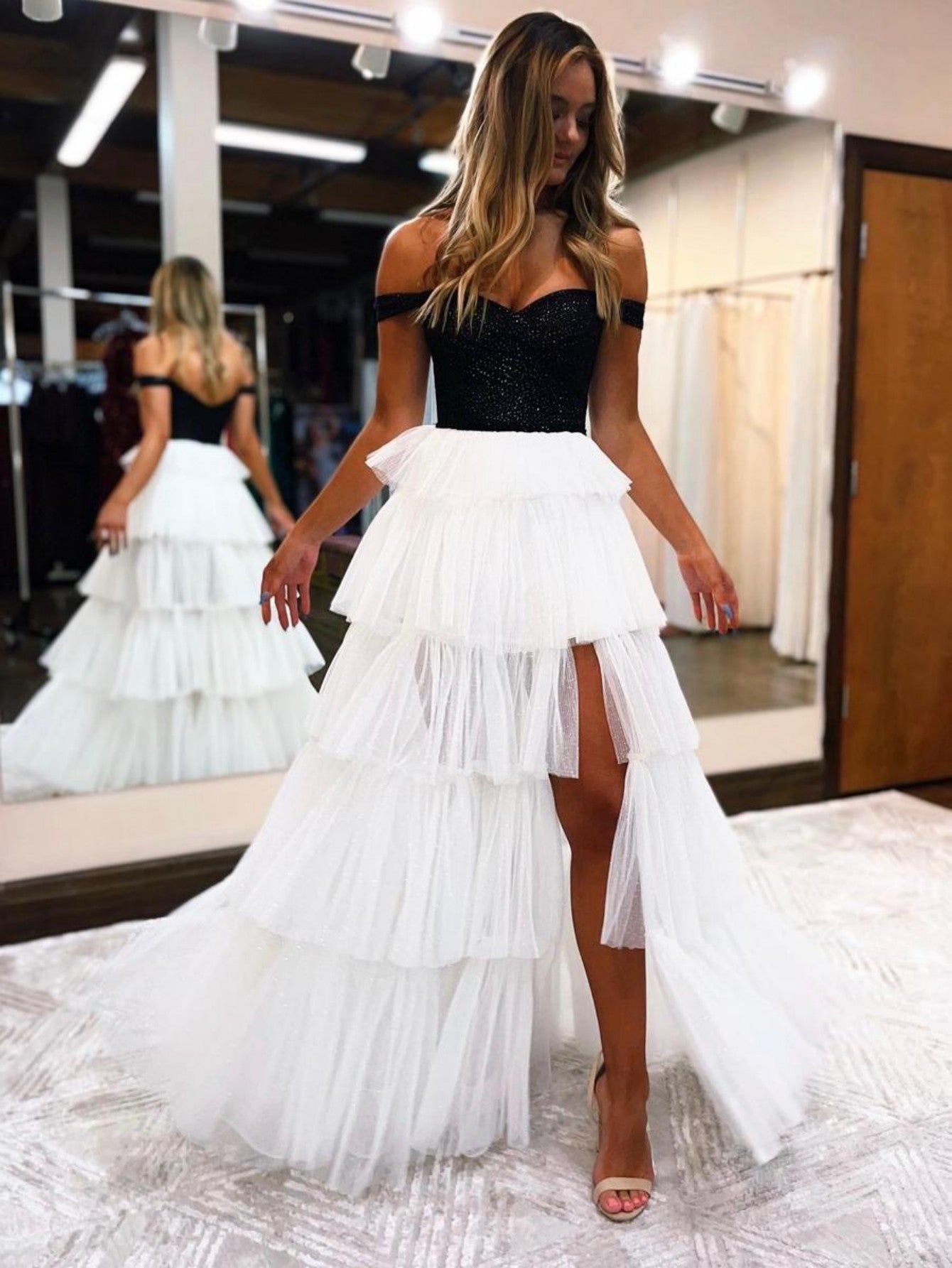 Black And White A-Line Strapless Tiered Long Prom Dress