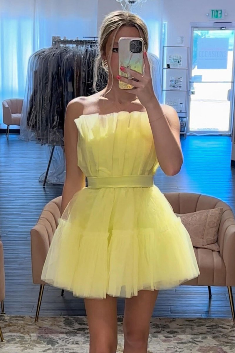 Aicha | Yellow - Strapless A-Line Ruffles Tulle Homecoming Dress