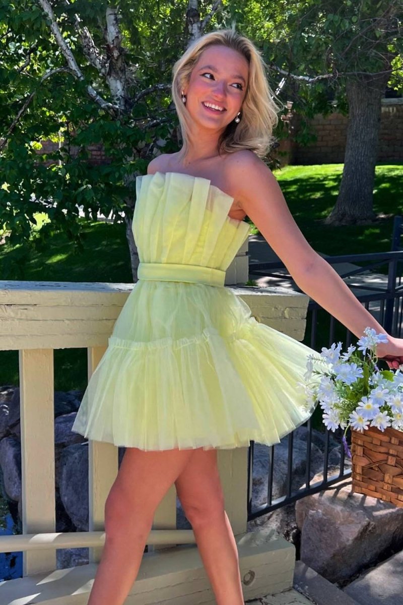 Aicha | Yellow - Strapless A-Line Ruffles Tulle Homecoming Dress