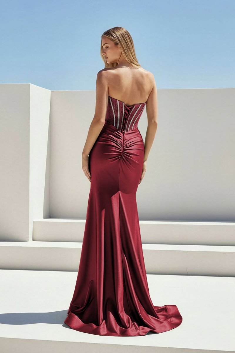 Ailidh | Burgundy - Strapless Mermaid Satin Beaded Long Prom Dresses With Slit - KissProm