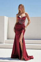 Ailidh | Burgundy - Strapless Mermaid Satin Beaded Long Prom Dresses With Slit - KissProm