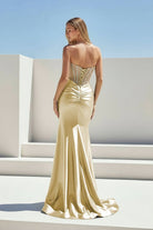 Ailidh | Champagne - Strapless Mermaid Satin Beaded Long Prom Dresses With Slit - KissProm
