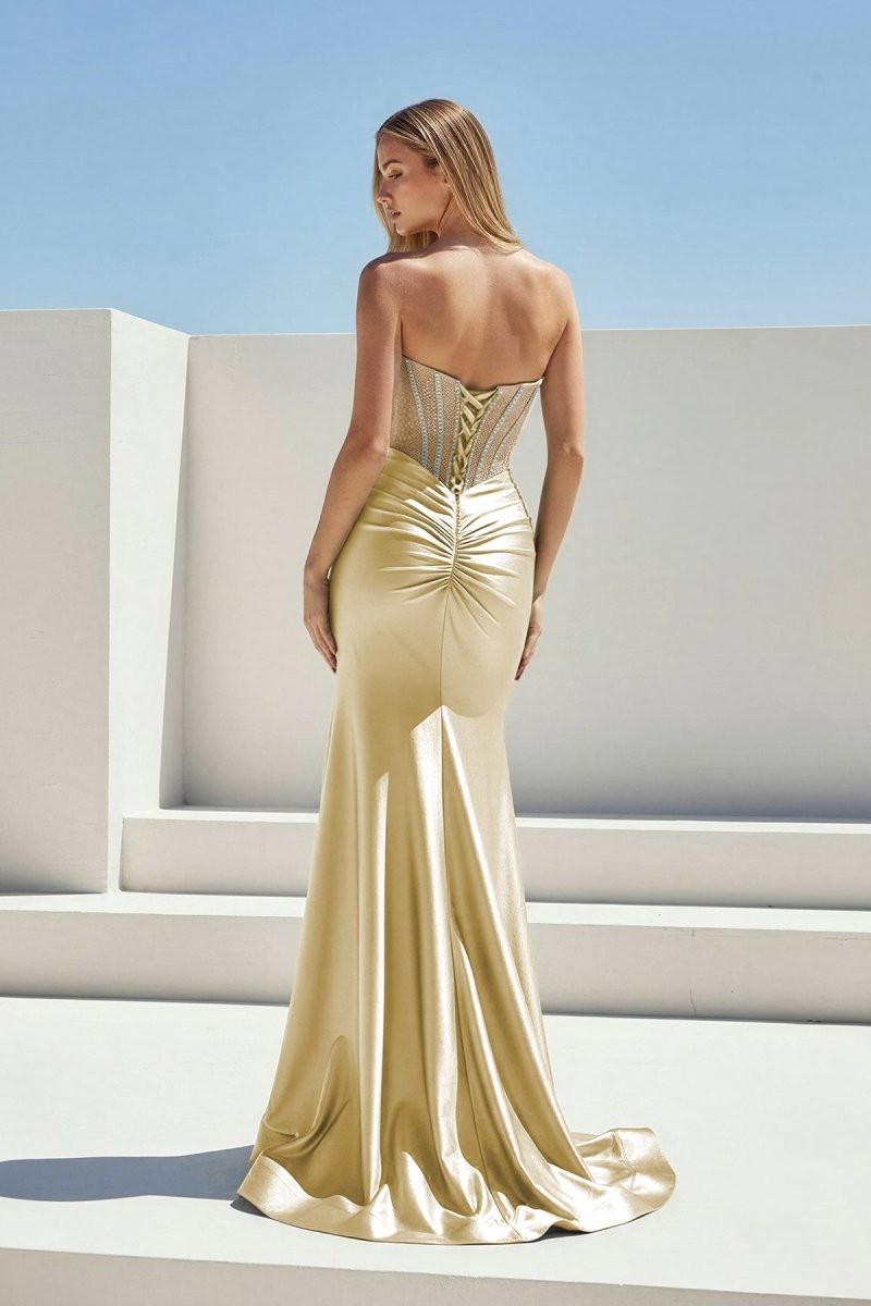 Ailidh | Champagne - Strapless Mermaid Satin Beaded Long Prom Dresses With Slit - KissProm
