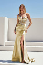 Ailidh | Champagne - Strapless Mermaid Satin Beaded Long Prom Dresses With Slit - KissProm