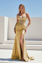 Ailidh | Gold - Strapless Mermaid Satin Beaded Long Prom Dresses With Slit - KissProm