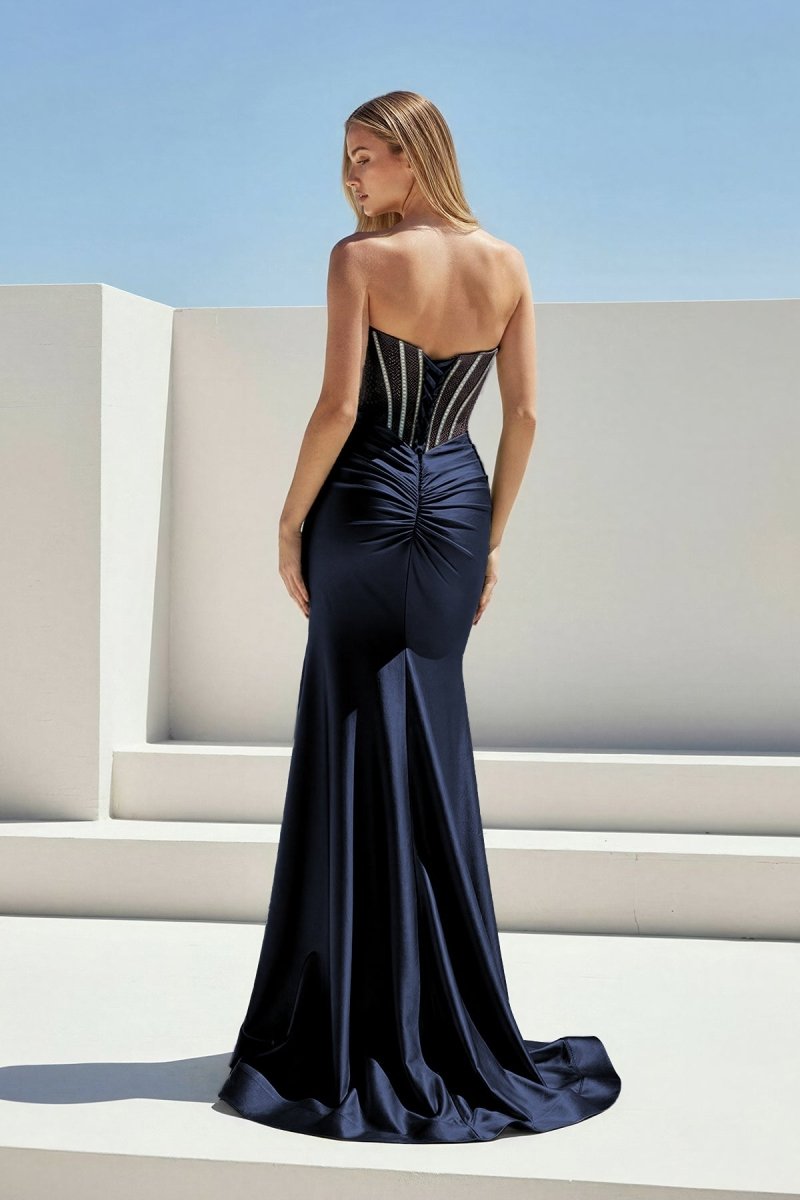 Ailidh | Navy Blue - Strapless Mermaid Satin Beaded Long Prom Dresses With Slit - KissProm