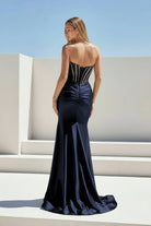 Ailidh | Navy Blue - Strapless Mermaid Satin Beaded Long Prom Dresses With Slit - KissProm