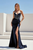 Ailidh | Navy Blue - Strapless Mermaid Satin Beaded Long Prom Dresses With Slit - KissProm