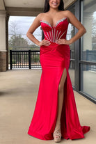 Ailidh | Red - Strapless Mermaid Satin Beaded Long Prom Dresses With Slit - KissProm