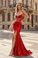 Sage Sweetheart Mermaid Satin Beaded Long Prom Dresses With Slit - KissProm