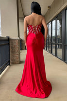 Ailidh | Red - Strapless Mermaid Satin Beaded Long Prom Dresses With Slit - KissProm
