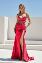 Ailidh | Red - Strapless Mermaid Satin Beaded Long Prom Dresses With Slit - KissProm