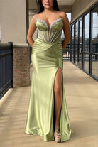 KissProm-Ailidh Sage Strapless Mermaid Satin Beaded Long Prom Dresses With Slit
