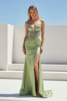 KissProm-Ailidh Sage Strapless Mermaid Satin Beaded Long Prom Dresses With Slit