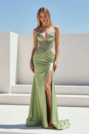 KissProm-Ailidh Sage Strapless Mermaid Satin Beaded Long Prom Dresses With Slit