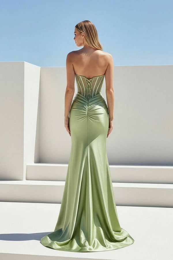 KissProm-Ailidh Sage Strapless Mermaid Satin Beaded Long Prom Dresses With Slit