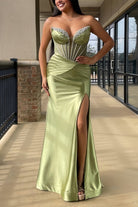 KissProm-Ailidh Sage Strapless Mermaid Satin Beaded Long Prom Dresses With Slit