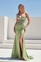 KissProm-Ailidh Sage Strapless Mermaid Satin Beaded Long Prom Dresses With Slit