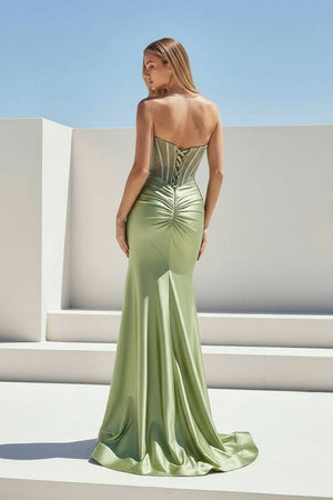 KissProm-Ailidh Sage Strapless Mermaid Satin Beaded Long Prom Dresses With Slit