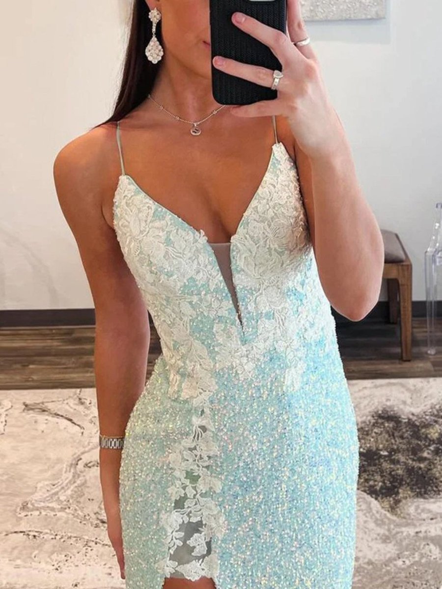 Ailsa | Mint Green Spaghetti Straps Sequins Mermaid Long Prom Dresses With Split - KissProm