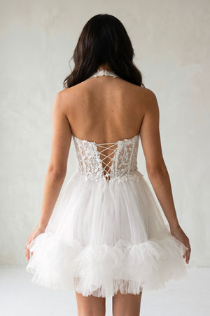Aimee | White - Halter Tulle Tiered A-Line Homecoming Dress With Lace Appliques