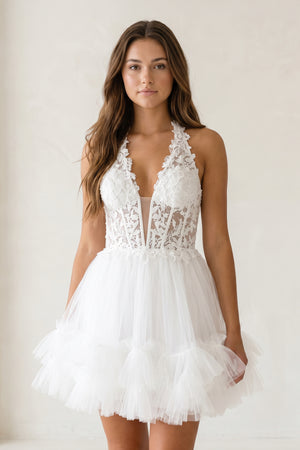 Aimee | White - Halter Tulle Tiered A-Line Homecoming Dress With Lace Appliques