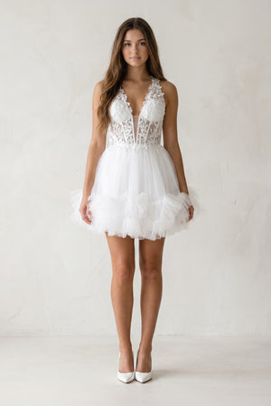 Aimee | White - Halter Tulle Tiered A-Line Homecoming Dress With Lace Appliques