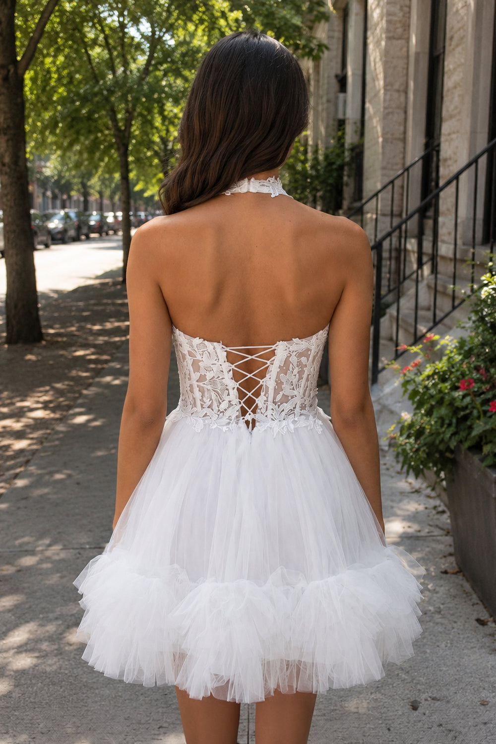 Aimee | White - Halter Tulle Tiered A-Line Homecoming Dress With Lace Appliques