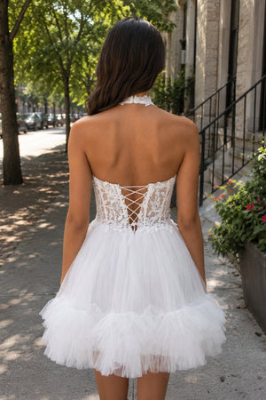 Aimee | White - Halter Tulle Tiered A-Line Homecoming Dress With Lace Appliques