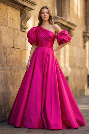 Fuchsia One - Shoulder A - Line Long Prom Dress with Puff Sleeves - KissProm