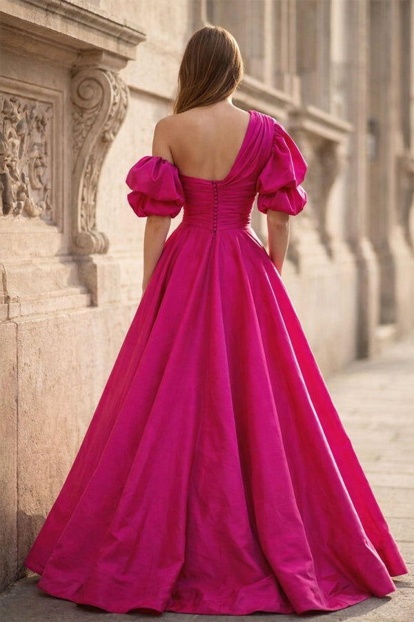 Fuchsia One - Shoulder A - Line Long Prom Dress with Puff Sleeves - KissProm