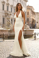 Mermaid Deep Halter Yellow Satin Long Prom Dresses with Slit - KISSPROM PROM DRESSES