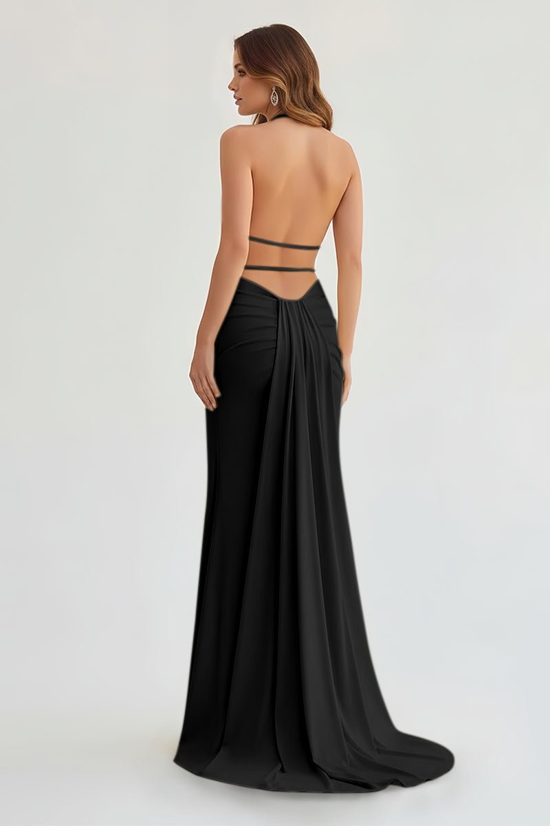 Alaric | Mermaid Deep V Neck Yellow Satin Long Prom Dresses with Slit - KissProm