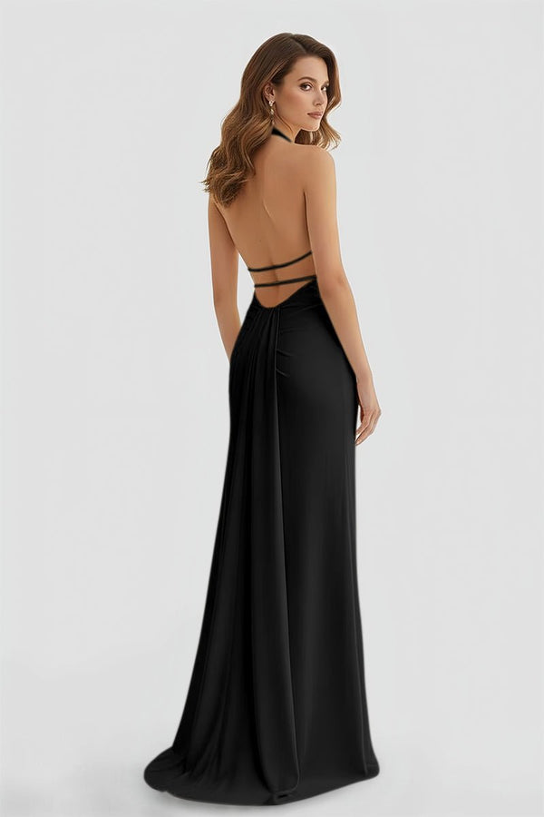 Mermaid Deep Halter Yellow Satin Long Prom Dresses with Slit Black / 14
